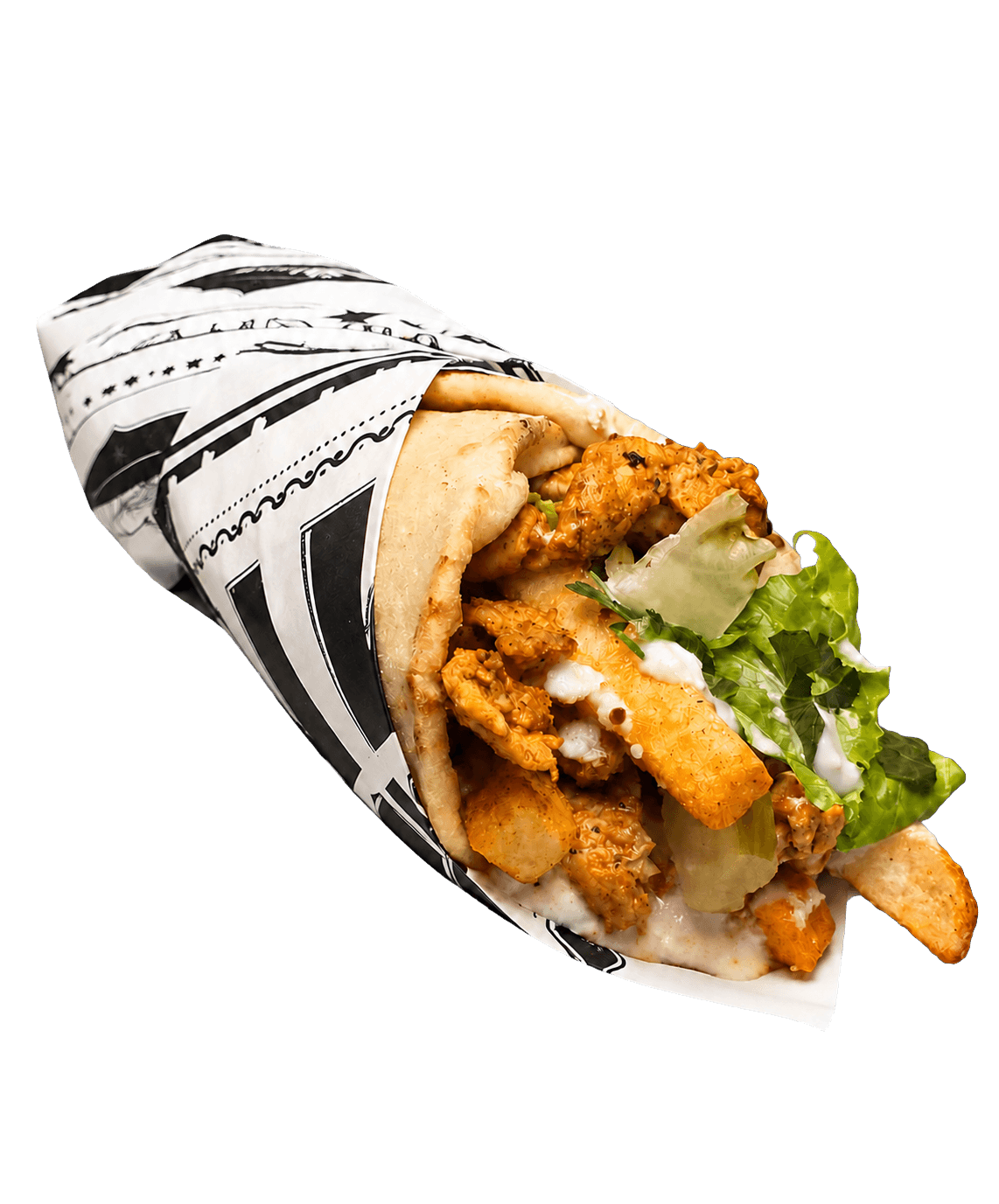 Pita wrap packed with golden chicken pieces, lettuce, white sauce and fries.