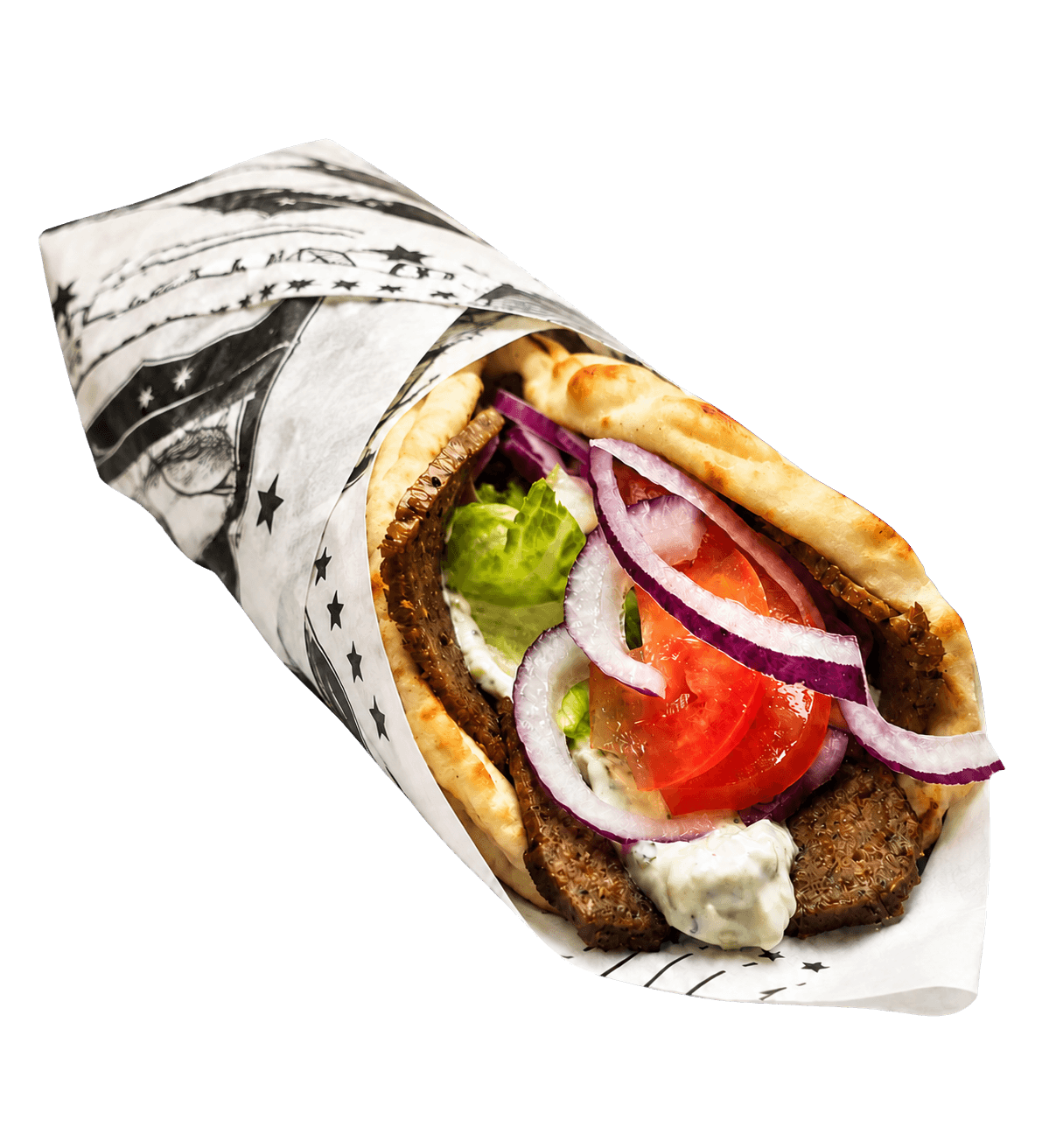 Pita wrap filled with sliced lamb, red onion rings, tomato and white sauce.