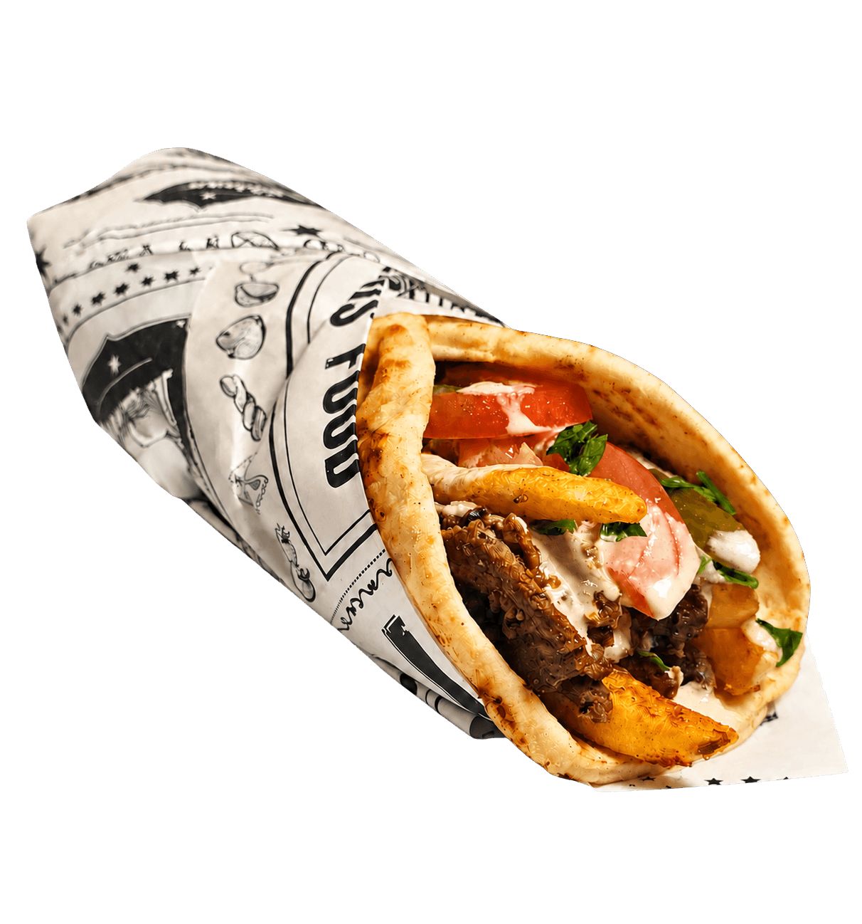 Pita wrap in printed paper, filled with beef, tomato, fries and tahini sauce.