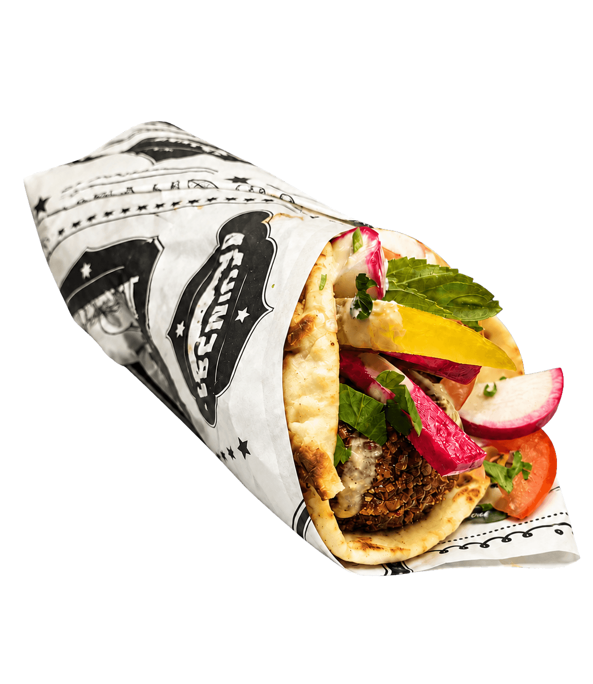Pita wrap with falafel, pink pickled turnip, radish and tomato.