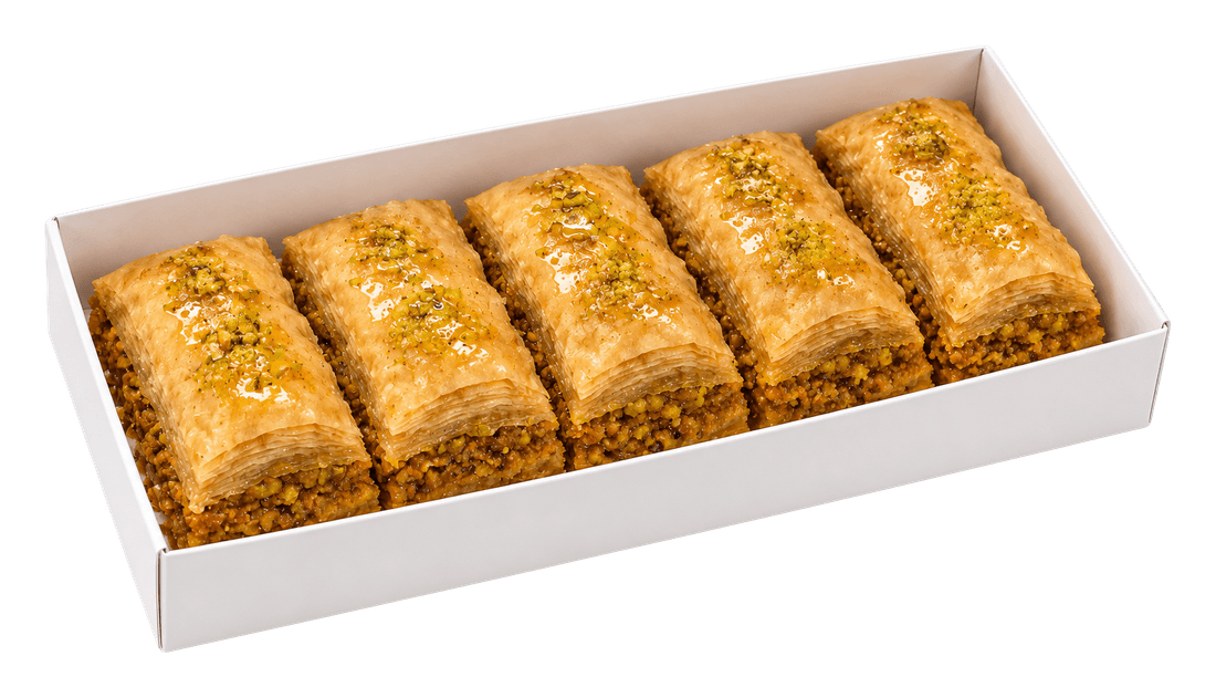 White box with five pieces of baklava.