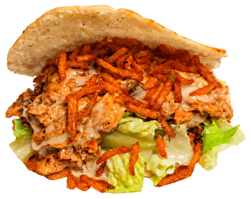 Pita pocket filled with chicken, crispy shoestring fries, lettuce, pickles and sauce.