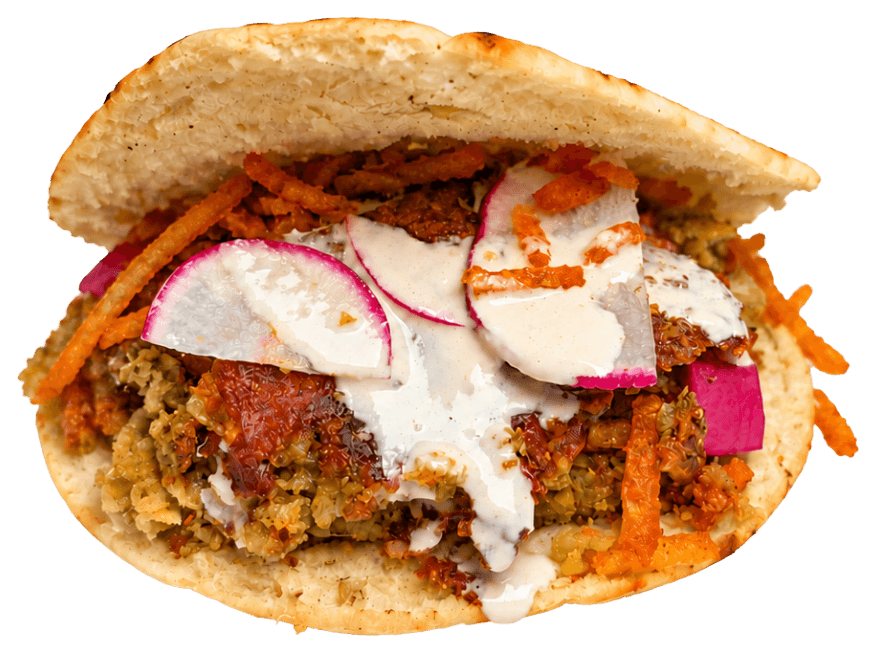 Pita pocket with crushed falafel, tahini, radish slices, shoestring fries and pickled turnip.