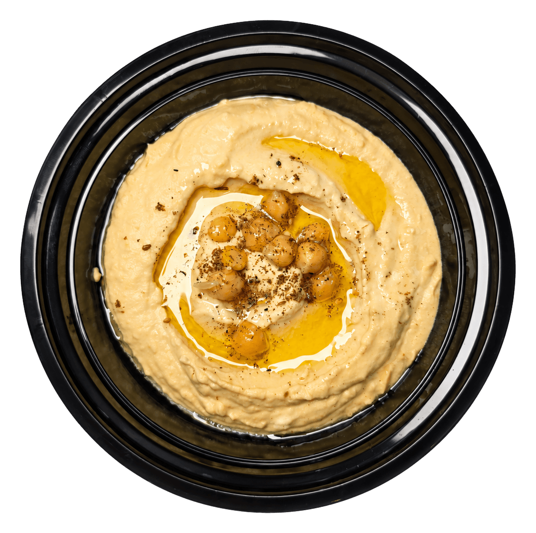 Black bowl of hummus topped with chickpeas, olive oil and spices.