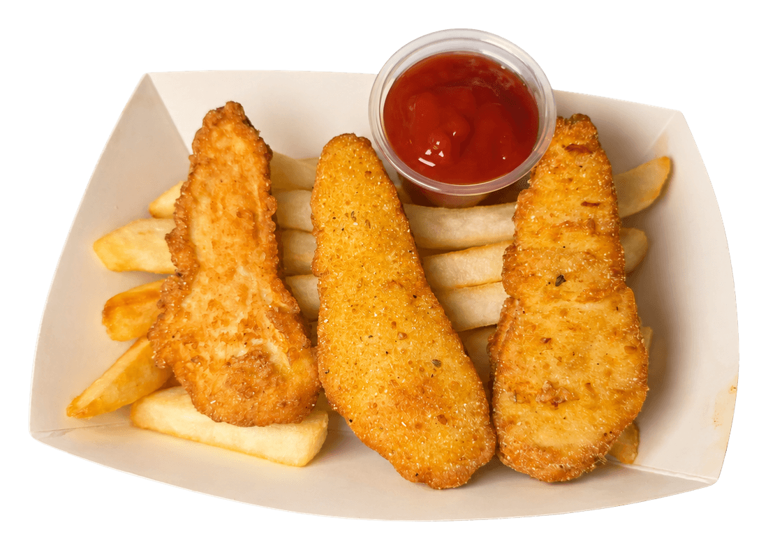 Three breaded chicken tenders with fries and a cup of ketchup.