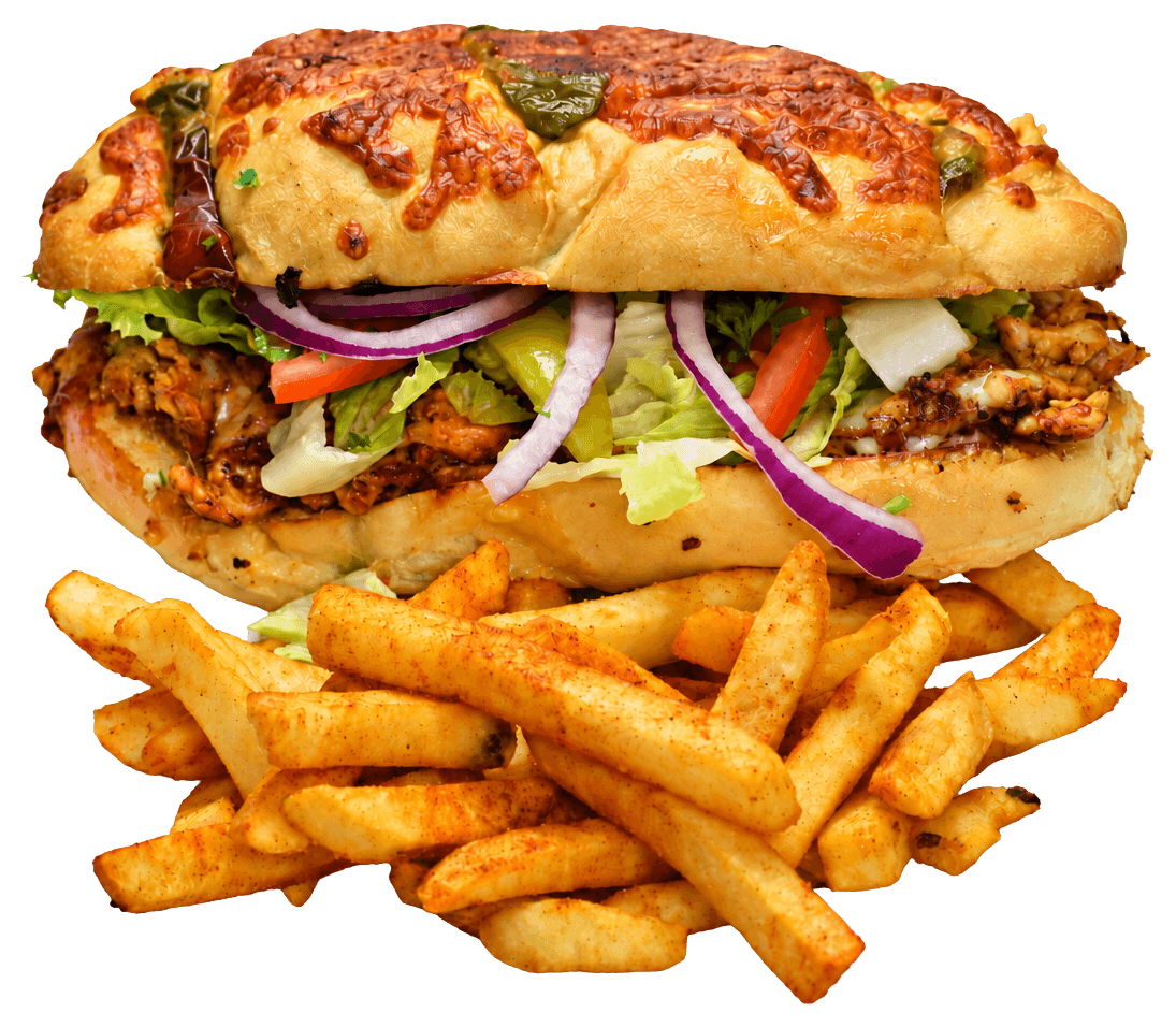 Cheese-topped sub roll filled with chicken, melted cheese, lettuce, tomato, red onion and peppers, with seasoned fries.