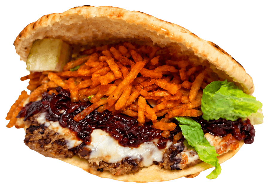 Pita pocket with a smash beef patty, melted cheese, berry jam, shoestring fries and lettuce.